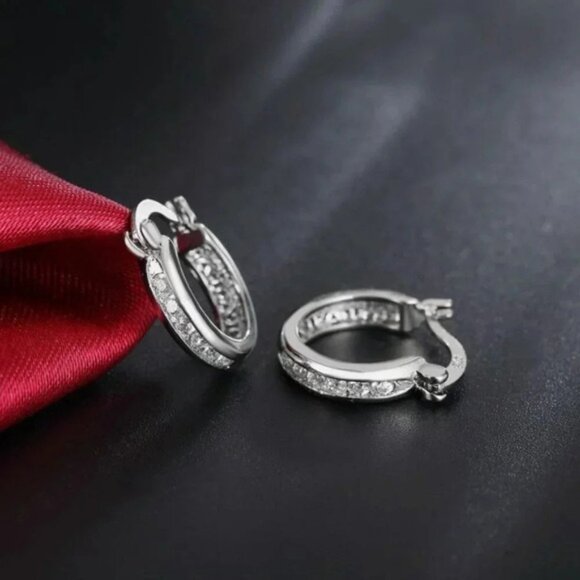 925 Sterling Silver Diamond Huggie Hoop Earrings - Picture 3 of 4